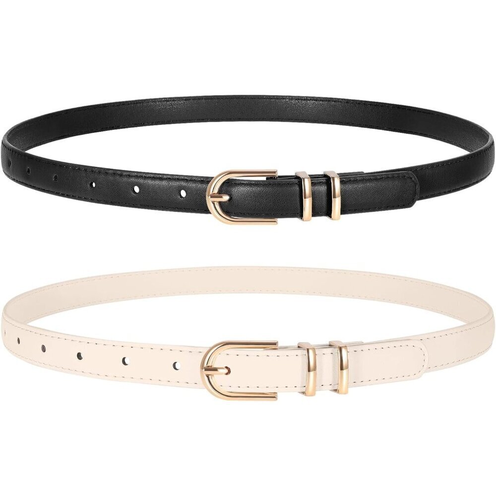 2 Pack Women's Skinny Leather Belts Black Beige Gold Thin Faux with Gold Buckle